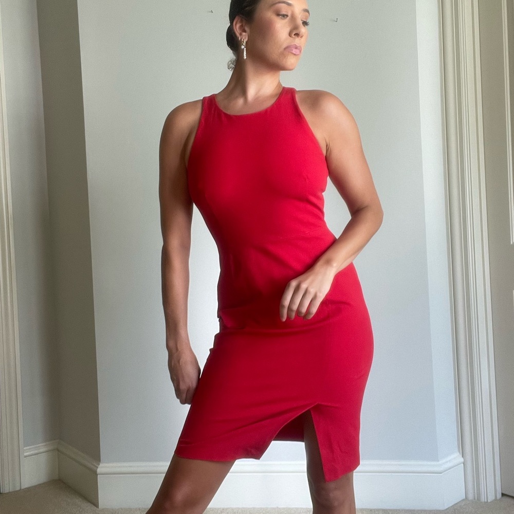 Red sleeveless Banana Republic business casual a-line dress